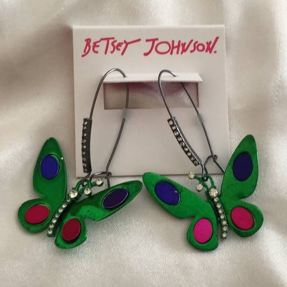 Betsey Johnson Hematite Tone Green Metallic Butterfly Drop Earrings NWT - Picture 2 of 10
